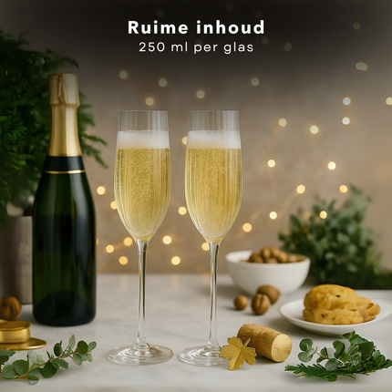Cheqo® Champagneglazenset - Set Van 2 - 250 Ml Inhoud - Trendy Design - Glaasje Bubbels - Elegant Design - Champagneflûtes - Glazen Voor Champagne - Stijlvolle Glazen - Luxe Uitstraling - Glazen Voor Cava - Champagneglazen