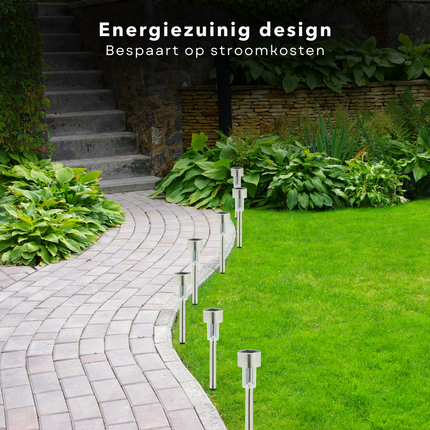 Cheqo® Solar Tuinverlichting Set - Solar Tuinspot - Buitenlamp - Tuinfakkels - Prikspots - Padverlichting - RVS - 36,5 cm - Buitenverlichting op Zonne-energie - 10 Stuks