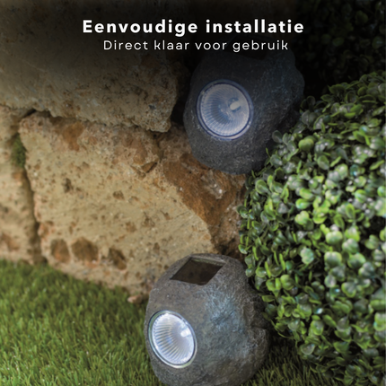 Cheqo® Solarlamp Steen - Grondspots - Decoratieve Tuinverlichting - Zonne-energie - Grijs Polyresin