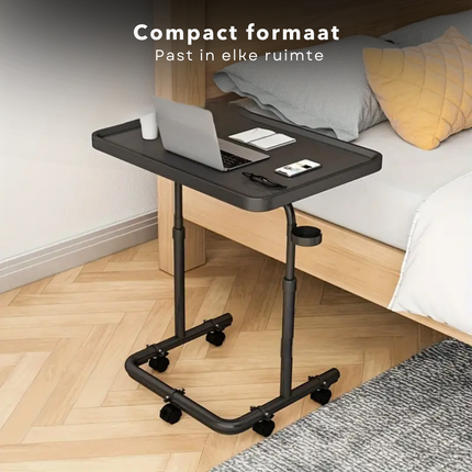 Cheqo® Verstelbare Bijzettafel Op Wieltjes - Banktafel - Koffietafel - Sidetable - Laptoptafel - Laptop Tafel - Bijzet Tafel - Zwart MDF - Kantelbaar