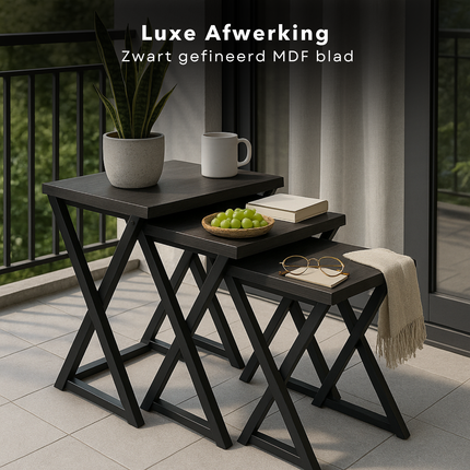 Cheqo® Moderne Bijzettafels Set - Salontafel Set - Tafelset - Bijzet Tafel Set - Bijzettafel Zwart Metaal & MDF - X Design - 3 Stuks