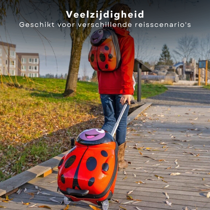 Child with ladybug-themed Cheqo® suitcase and backpack set on a wooden path, ideal for versatile travel scenarios.