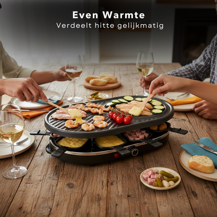 Cheqo® Raclette Grill 8 Personen - Compacte Raclette Grill - Stalen Grillplaat - Antiaanbaklaag - PFAS-Vrij - Gourmet - Gourmetten - Anti-Slip Voetjes - Houten Spatels - Eenvoudig Te Reinigen