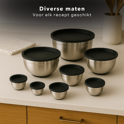 Cheqo® RVS Mengkommen Set - Beslagkommen Set - Mixkom - Kommen Stapelbaar en Met Deksel - 8-delige RVS Beslagkommen