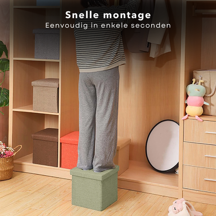 Cheqo® Opvouwbare Poef Met Opbergruimte - Groen - Opbergbox - Organizer - Voetenbankje - Hocker - MDF en Katoen