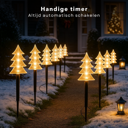 Cheqo® LED Tuinsteker - Kerstboom Tuinsteker - Warm Witte LED Verlichting - Set Van 5 - Met Timer - Acryl Kerstboom - Kunststof Grondpen - Werkt Op Batterijen - Automatische Timer - IP44 Geschikt Voor Buiten - 3xAA Batterijen - Hoogte 37cm