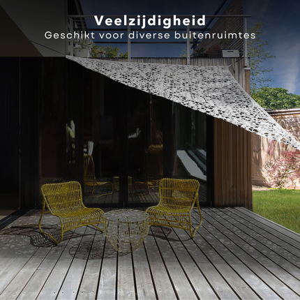 Cheqo® Schaduwdoek Camouflage - Driehoek - 360x360x360 cm - Wit - Waterdoorlatend en Windbestendig - Inclusief Scheerlijnenset - 210D Polyester - Draagzak inbegrepen - Schaduwnet - Schaduwdoeken - Zonwering - Luchtdoorlatend