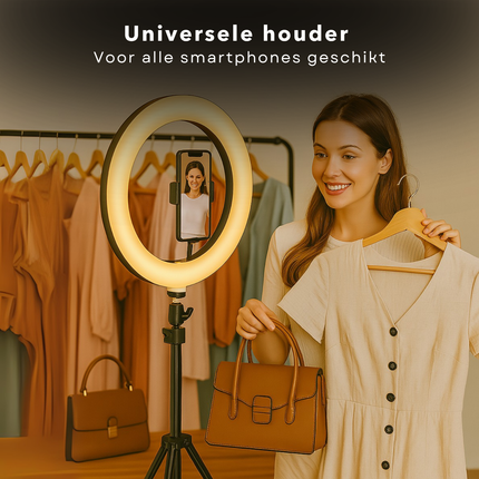 Cheqo® Ringlamp met Statief – Selfie Ringlight 12” – 120 LED Lampjes – TikTok Lamp – Dimbaar Licht – 3 Lichtstanden: Cool, Warm & Neutraal – 360° Draaibaar – USB – Universele Telefoonhouder – Vlog & YouTube Licht