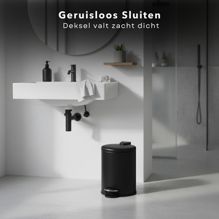 Cheqo® Pedaalemmer 5 Liter - Mat Zwarte Prullenbak - Badkamer Prullenbak - Toilet Afvalbak - Kleine Pedaalemmer - Metalen Pedaalemmer - Anti-Slip Bodem - Uitneembare Binnenemmer - Pedaalemmer Voor Badkamer - Pedaalemmer Voor Toilet