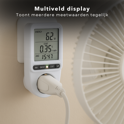 Cheqo® Energiekosten Meter voor Standaard Stopcontact – Energie Verbruiksmeter met Duidelijk Display – kWh Meter tot 3680W – Nauwkeurige Stroomverbruik Meter – Overbelastingsbeveiliging – Energie Besparen – Energiemeter