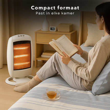 Cheqo® Halogeen Kachel - Elektrische Kachel - Draagbare Halogeen Heater - 3 Warmtestanden - 1200W Vermogen - Compacte Kachel - Bijverwarming - Oscillatiefunctie - Omvalbeveiliging - Oververhittingsbeveiliging - Instant Warmte - Draaghendel