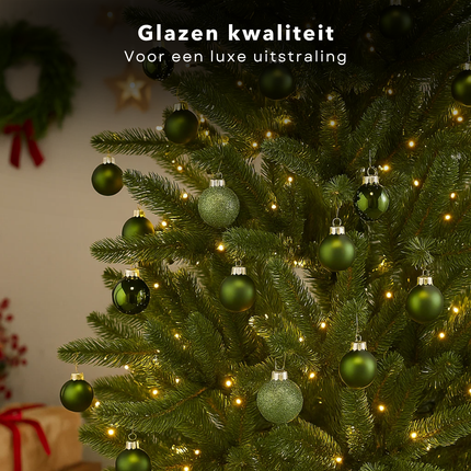 Cheqo® Donkergroene Glazen Kerstballen - Kerstboomversiering Donkergroen - Glans En Mat - Glazen Kerstballen Set - Glitter Kerstballen - Kerstballen Set - Kerstbal Set Van 42 Stuks