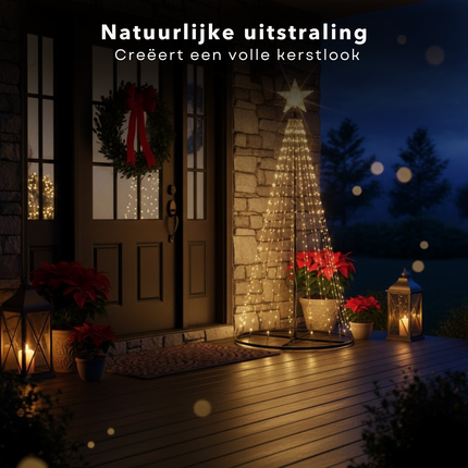 Cheqo® LED Kerstboom Vlaggenmast - Vlaggenmast Verlichting - Warm Wit LED met Afstandsbediening - Kerstverlichting Buiten - Zwart Frame - 150 cm - IP44 Adapter - Binnen En Buiten - Metalen Frame - LED Kerstboom