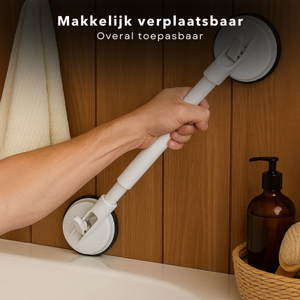 Cheqo® Douche Handgreep Met Zuignap - Veiligheidsgreep Badkamer - Handgreep Voor Ouderen - Zonder Boren - Uitschuifbare Handgreep - Gladde Oppervlakken - Verplaatsbare Handgreep - Sterke Zuignappen - Handgreep Toilet - Handgreep Met Klemmen