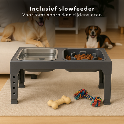 Cheqo® Verstelbare Hondenvoerbak – 5 Hoogtes – Anti Schrokbak & Slow Feeder – RVS Drinkbak – Opklapbaar – Kunststof Standaard – Anti-Slip Poten – Dubbele Eet- en Drinkbak – Voor Grote & Kleine Honden – Zwart – Morsbestendig