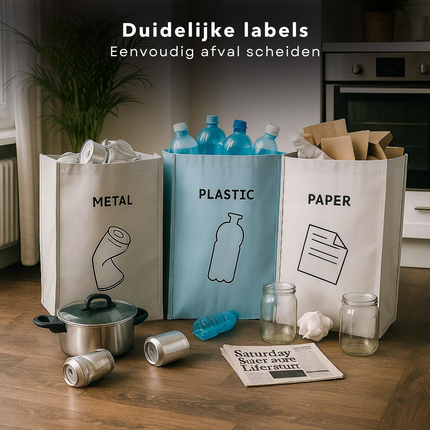 Cheqo® Afvalzakken Set - Afval Scheiden - Recycle Zakken - Koppelbare Afvalzakken - 3 Stuks - Klittenband Bevestiging - PP Materiaal - Milieuvriendelijk - Herbruikbare Zakken - Afval Sorteren - Kunststof Zakken