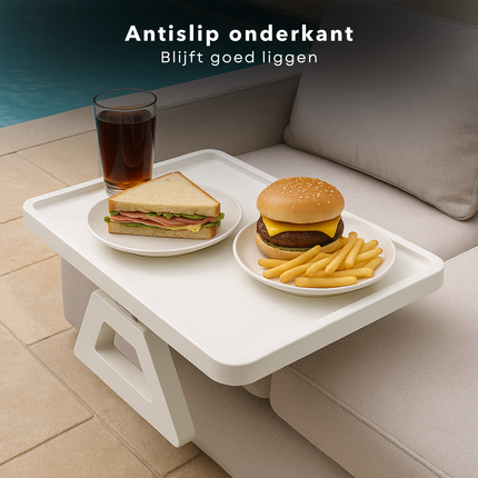Cheqo® Armleuning Dienblad - Bamboe Materiaal - Wit Dienblad - Inklapbaar Dienblad - Antislip Functie - Banktafel Dienblad - Wit Bamboe - Dienblad Voor Bank - Dienblad Accessoire