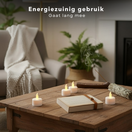 Cheqo® LED Theelichten Elektrisch - Flikkerend Warmwit Licht - Witte LED Kaarsen - Theelicht Set - Elektrische Waxinelichtjes - Decoratief Licht - Vervangbare Batterijen - Set Van 6 Waxine Lichtjes - Kaarsjes Elektrisch