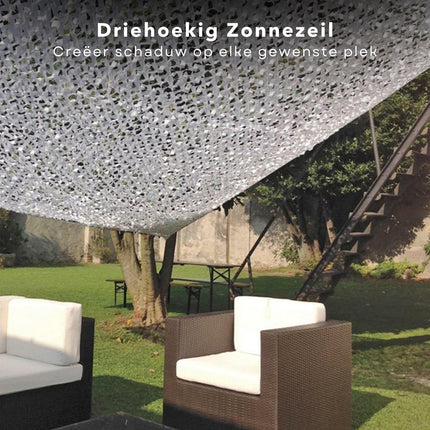 Cheqo® Schaduwdoek Camouflage - Driehoek - 360x360x360 cm - Wit - Waterdoorlatend en Windbestendig - Inclusief Scheerlijnenset - 210D Polyester - Draagzak inbegrepen - Schaduwnet - Schaduwdoeken - Zonwering - Luchtdoorlatend Schaduwdoek