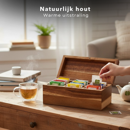 Cheqo® Theedoos - Thee Opbergdoos - Thee Bewaardoos - Theekist - Theekistje - Theezakjes Doos - Theezakjes Opbergdoos - Theezakjes Houder - Theebox - Tea Box - Theedoos 6 Vakken - Houten Theedoos