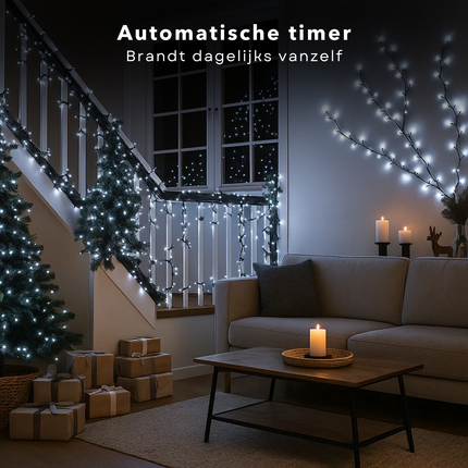 Cheqo® Kerstverlichting - Witte Kerstlampjes - Kerstboomverlichting Wit - 192 LED Lampjes - Koel Wit Licht - Verlichte Lengte 240 CM - Aansluitsnoer 300 CM - 8 Lichtfuncties - Automatische Timer - Geheugenfunctie - IP44 Adapter - Binnen en Buiten