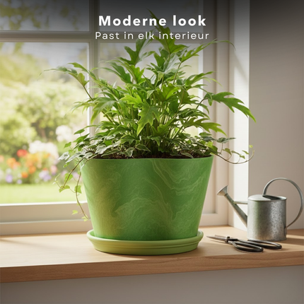 Cheqo® Bloempot Groen - Bloempot Rond - Bloempot Binnen - Bloempot Buiten - Sierpot Groen - Sierpot Rond - Bloempot met Schotel - Bloempot met Onderzetter