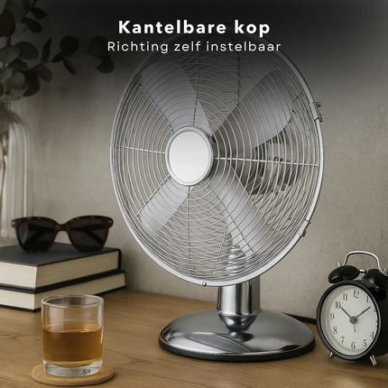Cheqo® Tafelventilator 30 cm – Retro Design – Chroom – 3 Snelheden – Kantelbaar – Zwenkfunctie – Metalen Bladen – Bureau Ventilator – Stil – Compact – Verstelbare Kop – Energiezuinig – Ventilator met Handvat – 35 Watt