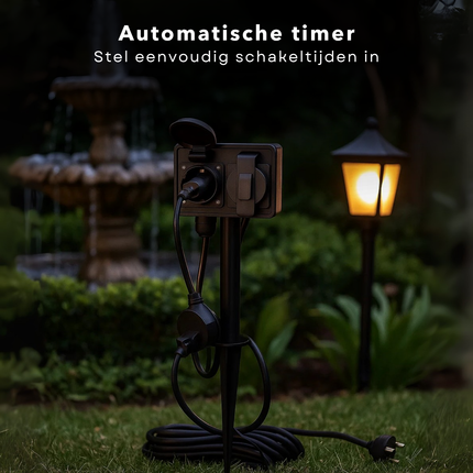 Cheqo® Tuinstekkerdoos Met Timer - 2 Stopcontacten - Zwart - Buitenstopcontact - Timerfunctie - Outdoor Gebruik - Elektrische Aansluiting - Tuinaccessoires - Ideaal voor Kerst