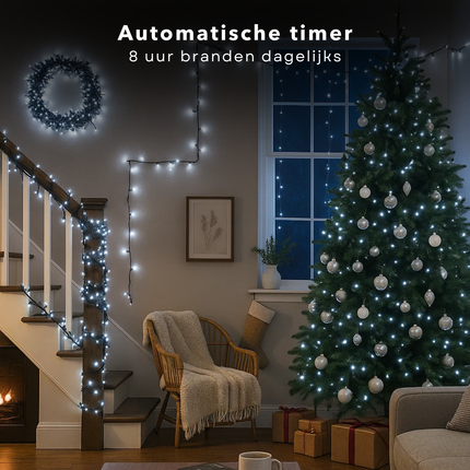 Cheqo® Kerstverlichting - Kerstlampjes - Kerstboomverlichting Wit - 384 LED Lampjes - Koel Wit Licht - Binnen en Buiten - IP44 Adapter - Automatische Timer - 8 Lichtfuncties - Geheugenfunctie - Zwart Snoer - Witte Kerstlampjes