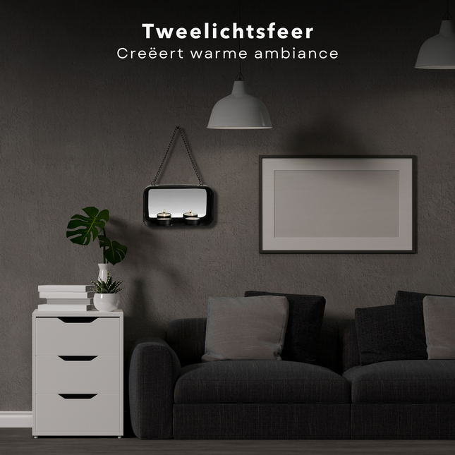 Cheqo® Wand Theelichthouder - Waxinelichthouder met Reflecterend Spiegel Glas - 2 Waxinelichtjes - Moderne Zwarte Metalen Decoratie