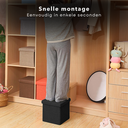 Cheqo® Opvouwbare Poef Met Opbergruimte - Zwart - Opbergbox - Organizer - Voetenbankje - Hocker - MDF en Katoen