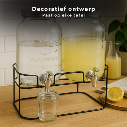 Cheqo® Dubbele Glazen Drankdispenser met Kraantje - Limonadetap - Waterdispenser - Watertap - Drankendispenser - Sapdispenser - 4L - Met Standaard - Ideaal voor Feestjes