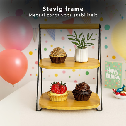 Cheqo® Bamboe Etagere - 2-Laags Etagere - Inklapbare Etagere - Serveertoren Bamboe - Bamboe En Metaal - 30 cm Hoogte - Eenvoudig Inklapbaar - Niet Vaatwasserbestendig - Bamboe Serveerplateau - 2 Lagen - Bamboe Hout - Stijlvolle Etagere