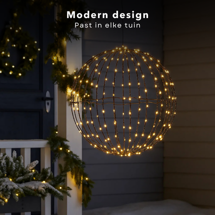 Cheqo® Verlichte Bal Voor Buiten - Warm Wit LED-Licht - Kerstbal LED - Kerstfiguur - Kerstverlichting Voor Buiten - 260 LED Lampjes - Timerfunctie - Stevig Zwart Metaal - Moderne Uitstraling - Tuinverlichting - Sfeerverlichting