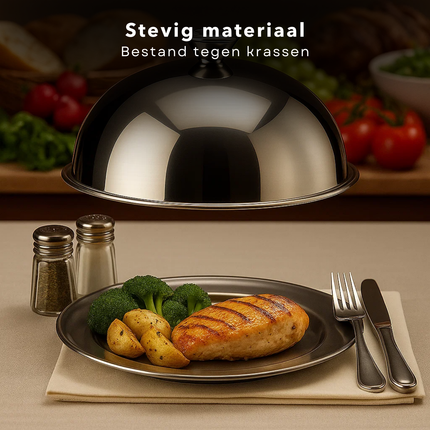 Cheqo® RVS Stolp - Serveerschaal Met Deksel - 30 cm Diameter - Voedsel Presenteren - Taartstolp - Kaas En Gebak - Snacks Serveren - Glanzend Roestvrij Staal - Stolp Met Onderbord - Ronde Serveerschaal