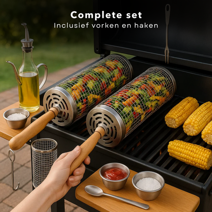 Cheqo® BBQ Grillmand Set - Rollend Grillrooster - Roestvrij Staal - Barbecue Accessoires - Houten Handvat - Vlees, Vis en Groenten - Gelijkmatige Verhitting - 30 CM Grillmand - Set van 2 - BBQ Gereedschap - Cilinder Grillmand - Buiten Koken