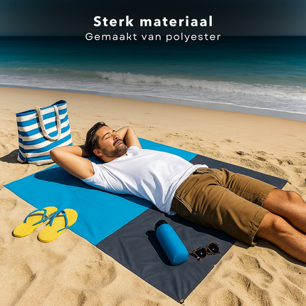 Cheqo® Strandmat Waterafstotend - Picknickkleed Groot - Lichtgewicht Strandmat - Opvouwbare Picknickkleed - Strandmat Met Haringen - Picknickkleed Met Opbergzak - 210x200 cm Kleed - Blauw Grijs Kleed - Polyester Strandmat