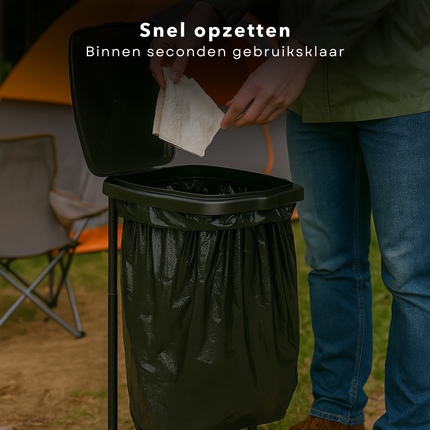 Cheqo® Camping Vuilniszakhouder 60L – Opvouwbare Vuilniszak Houder met Deksel – Lichtgewicht & Stevig – Kunststof en Metaal – Vuilniszakhouder voor Buiten, Tuin, Festivals & Kamperen – Inklapbare Afvalzakhouder Zwart
