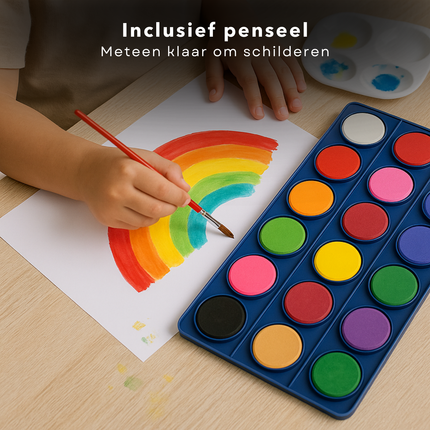 Cheqo® Waterverftablet 18 Kleuren – Verfdoos met Transparant Deksel – Inclusief Penseel – Kindvriendelijke Aquarelverf – Creatieve Hobby – Geschikt voor Kinderen Vanaf 3 Jaar – Schilderen & Tekenen – Educatief Speelgoed
