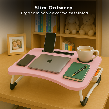 Cheqo® Opklapbare Laptoptafel - Ontbijt op Bed Tafel - Bedtafel met Tablethouder - Bank Tafeltje - Ontbijttafeltje - Banktafel - Roze