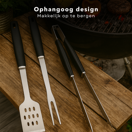 Cheqo® BBQ Gereedschap Set 3-Delig RVS – Barbecue Accessoires Vork Spatel Tang – Roestvrijstalen BBQ Tools – Grill Gereedschap – Barbecue Set – BBQ Essentials – Gereedschap voor Barbecue – RVS BBQ Kit – Barbecue Tools