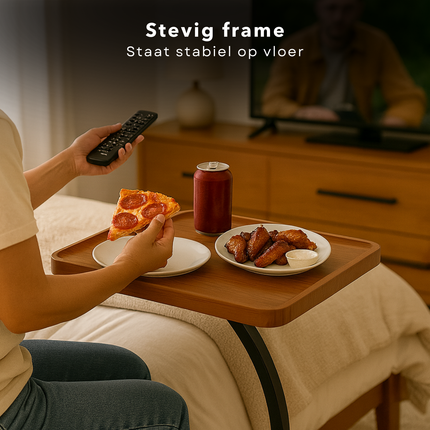 Cheqo® Bijzettafel Op Wieltjes - Moderne Bijzettafel C Vorm - Zwart Frame - Vintage Bruin Blad - MDF En Metaal - Zwenkwielen - Zonder Wieltjes - Opstaande Rand - Bijzettafel Woonkamer - Bijzettafel Industrieel - Bijzettafel Bank