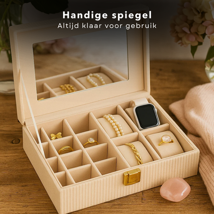 Cheqo® Juwelenbox Ribfluweel - Sieraden Opberger - Sieradendoos - Fluwelen Bekleding - Goudkleurig Slotje - Spiegel Aan De Binnenzijde - Beige Of Taupe - MDF Met Fluweel