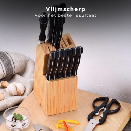 Cheqo® 15-delige Keukenmessen Set in Houten Messenblok - Messenset met Schilmes - Chefmes - Steakmessen - Messenset met Blok