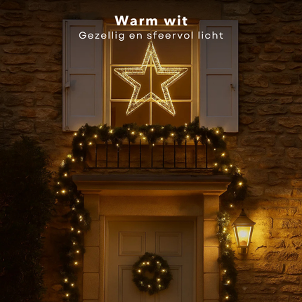 Cheqo® LED Kerstster - Kerstverlichting - Warm Wit Licht - Kerst Ster - LED Ster - IP44 - Timerfunctie Verlichting - Raamdecoratie Ster - Tuinverlichting Ster - 1200 LED-Lampjes - Witte Metalen Ster - Kerstlampjes Buiten - Kerstfiguur