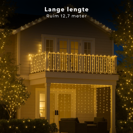Cheqo® Ijspegel Lichtgordijn - Ijspegelverlichting Buiten - Kerstverlichting Buiten - Extra Warm Wit - 640 LED Lampjes - 12.70 Meter - Lichtgordijn Binnen En Buiten - IP44 Spatwaterdicht - Energiezuinige LED's - 8 Lichtfuncties - Groen Snoer