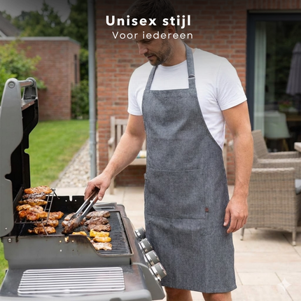 Cheqo® Keukenschort Zwart - Kookschort Zwart - Schort Zwart - Bbq Schort Zwart - Unisex Schort Zwart - Horeca Schort Zwart - Professioneel Keukenschort Zwart