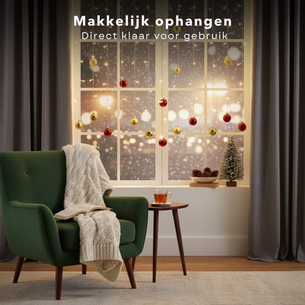 Cheqo® Lichtgordijn Kerstballen - Kerstverlichting Op Batterijen - Warm Wit Licht - 74 LED Lampjes - Automatische Timer - IP-44 - Buiten Geschikt - Kerstdecoratie Binnen - Kerstdecoratie Buiten - Sfeer Verlichting - Lichtnet - Licht Gordijn
