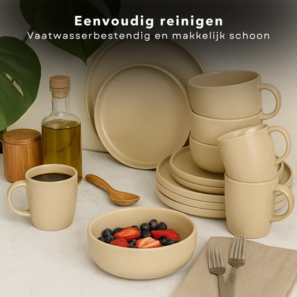 Cheqo® Serviesset 16-delig Aardewerk – Stijlvolle Bordenset 4 Persoons – Ontbijtborden & Dinerborden – Kommen & Mokken – Magnetronbestendig – Vaatwasserbestendig – Elegante Zand Kleur – Duurzame Kwaliteit