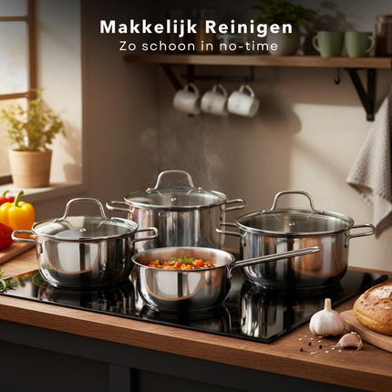 Cheqo® 7-Delige Pannenset – Roestvrij Staal – Glazen Deksel – Complete Kookgerei Set – Pannen Set - Kookpan Set – Hittebestendig Glas – Kookpannen – Veelzijdige Pannenset